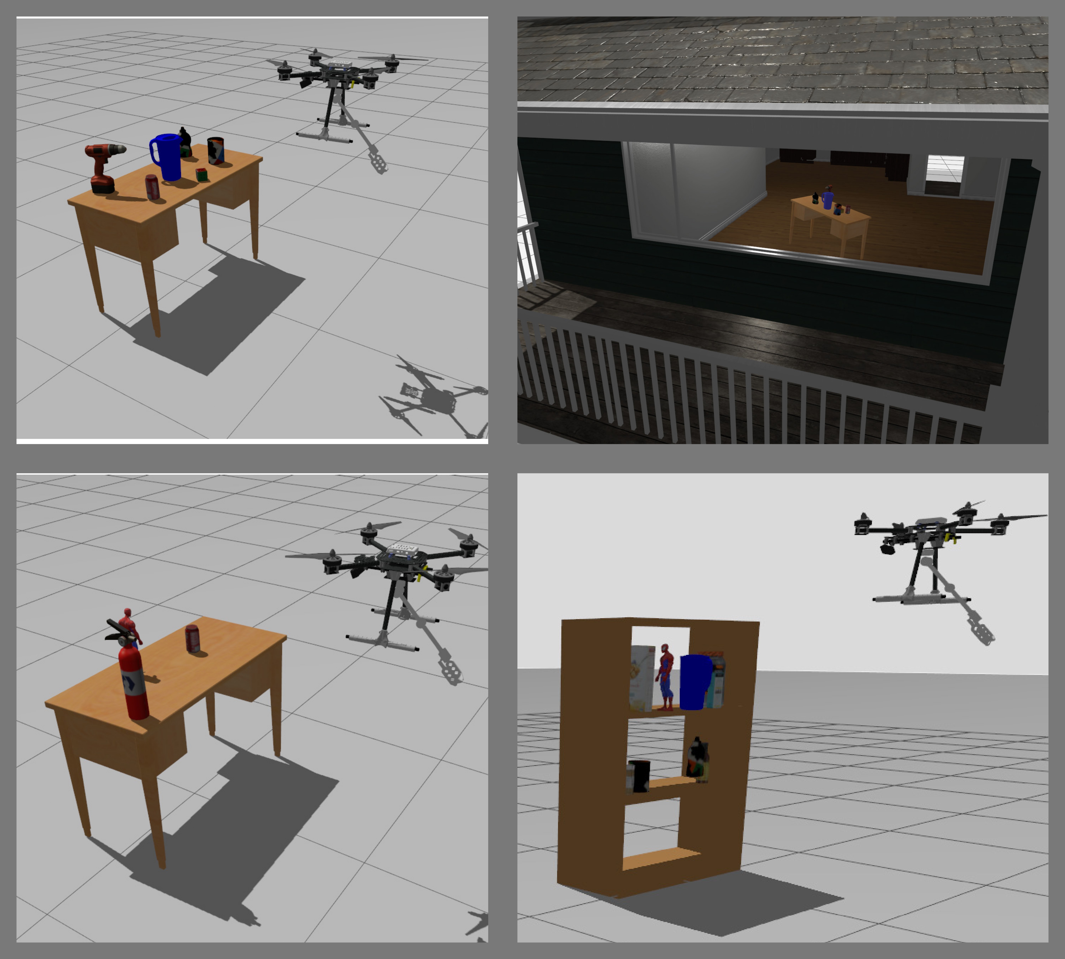 High-fidelity Gazebo Harmonic simulation of the aerial grasping scenarios.